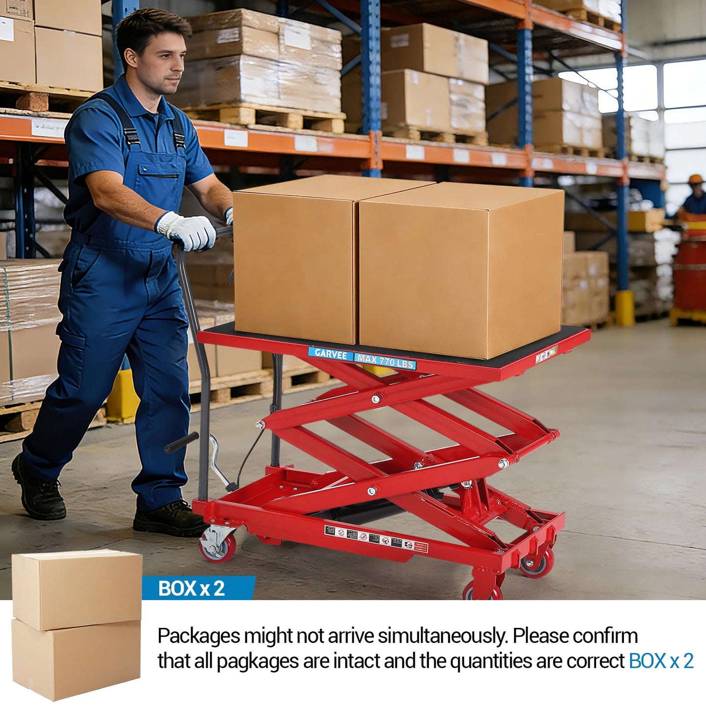 Hydraulic Lift Table Cart, 770lbs Capacity 50" Lifting Height Hydraulic Table Cart, Double Scissor Lift with Non-Slip Pad for Material Handling and Transportation, Red