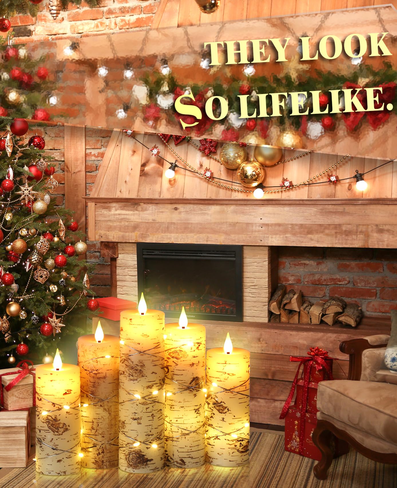 Da by 5 Pack Birch Bark Real Wax Flameless Taper Candles, Lifelike Flickering LED Candles with Copper String Lights, Battery Operated Candles with Remote for Farmhouse Wedding Home Decor