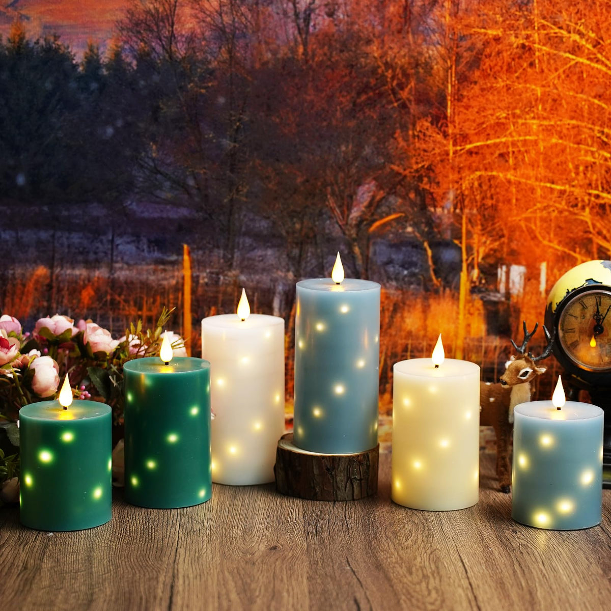 JINYANIA Flameless Candles with Embedded Star String, Real Wax Battery Operated Candles with Remote Timer, Flickering Pillar LED Candle Set for Home Decor Romantic Ambiance (Green)
