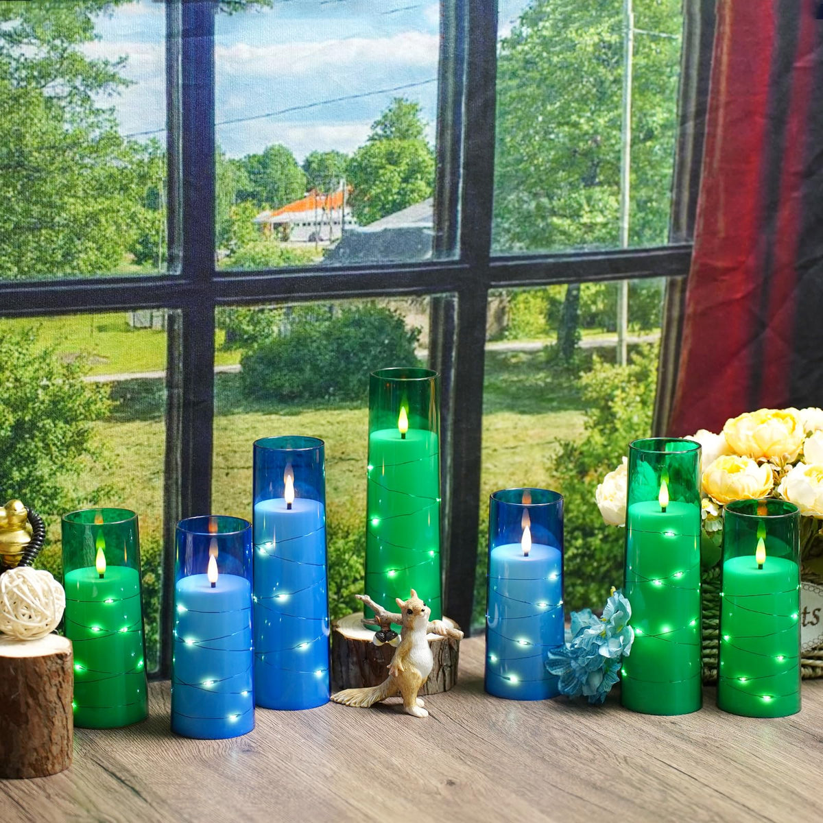 Flameless Candles,with Embedded Star String, Battery Operated Candles Flickering LED Pillar Candles with Remote Control and Timer, Home Decoration Add a Warm and Romantic Atmosphere,Set of 7 (Green)
