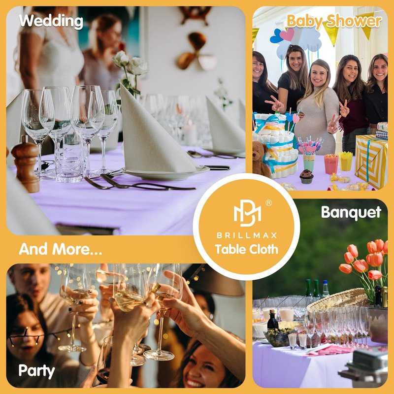 BRILLMAX 10 Pack Lavender Tablecloths 60 x 102 Inch for 6ft Rectangle Tables - 150 GSM Polyester Fabric, 15" Standard Drop, Water, Stain & Wrinkle Resistant Cloth Cover for Wedding Dining Buffet