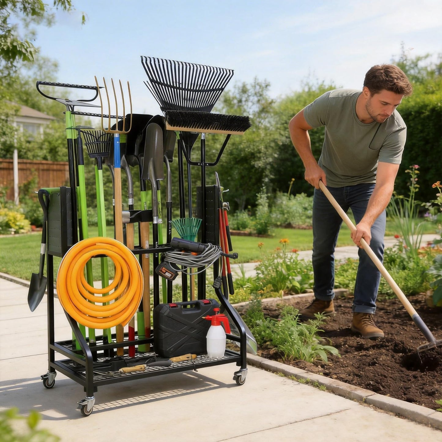 KYLIN Heavy Duty Garden Tool Organizer Rack on Wheels, 450 lbs Capacity with 4 Locking TPR Wheels, 55 lbs 0.059'' Steel Frame Mobile Garage Storage - No Nuts,No Bolts - Easy Assembly Utility Cart
