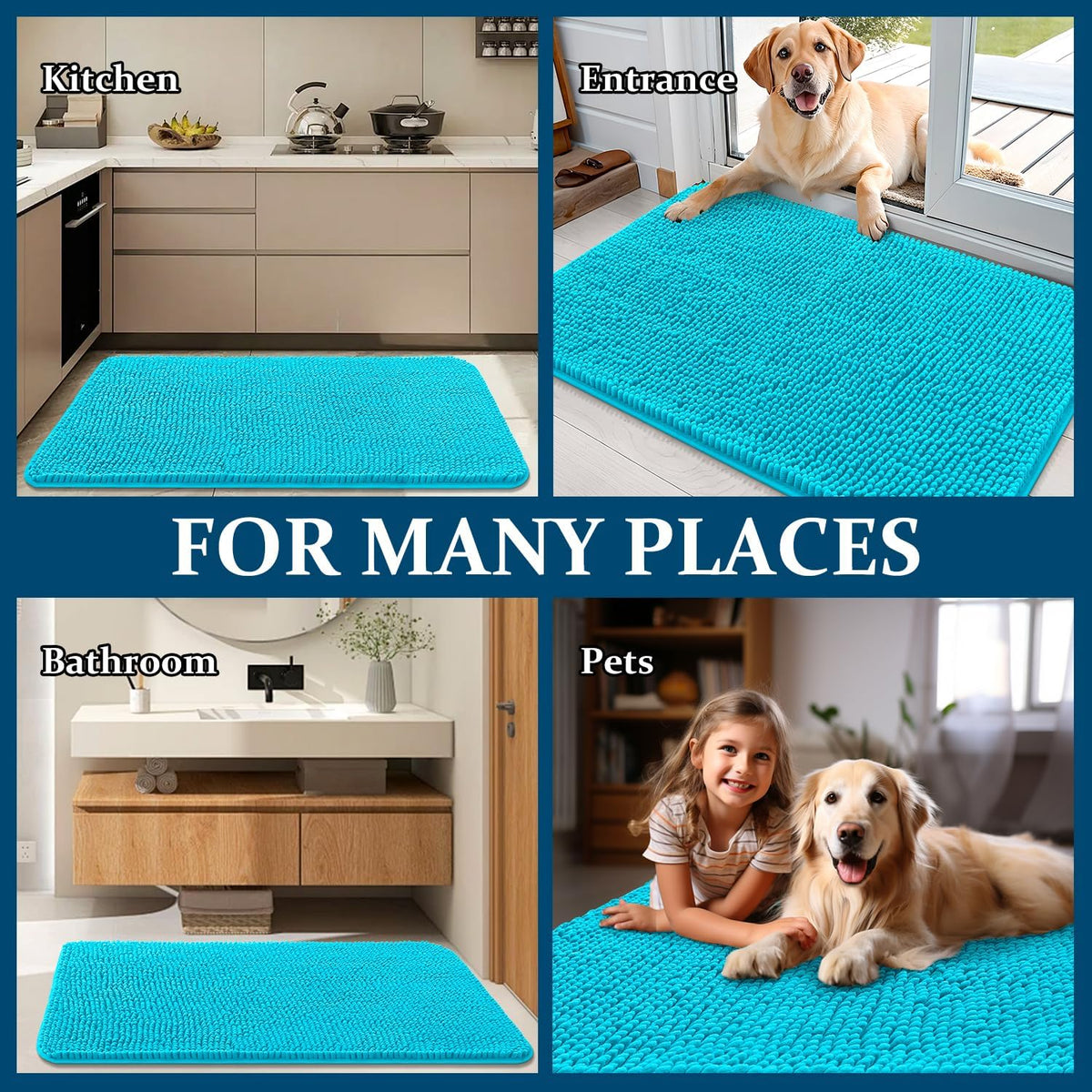 OLANLY Dog Door Mat - Absorbent Non-Slip Chenille Mud Mat for Indoor Use | 54x24, Aqua Blue