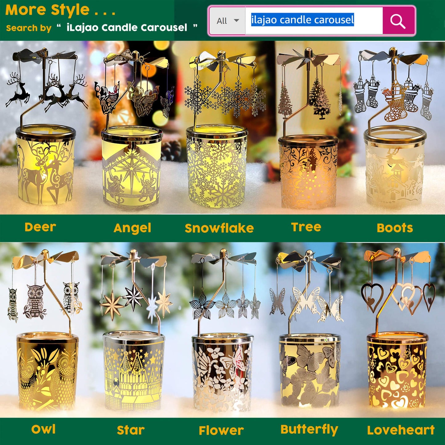 iLajao Candle Carousel Rotary Candle Holder Christmas Carousel Spinning Candleholder Metal Tealight Christmas Decoration Tables Centerpieces Valentine Easter Gifts (Moravian Star)