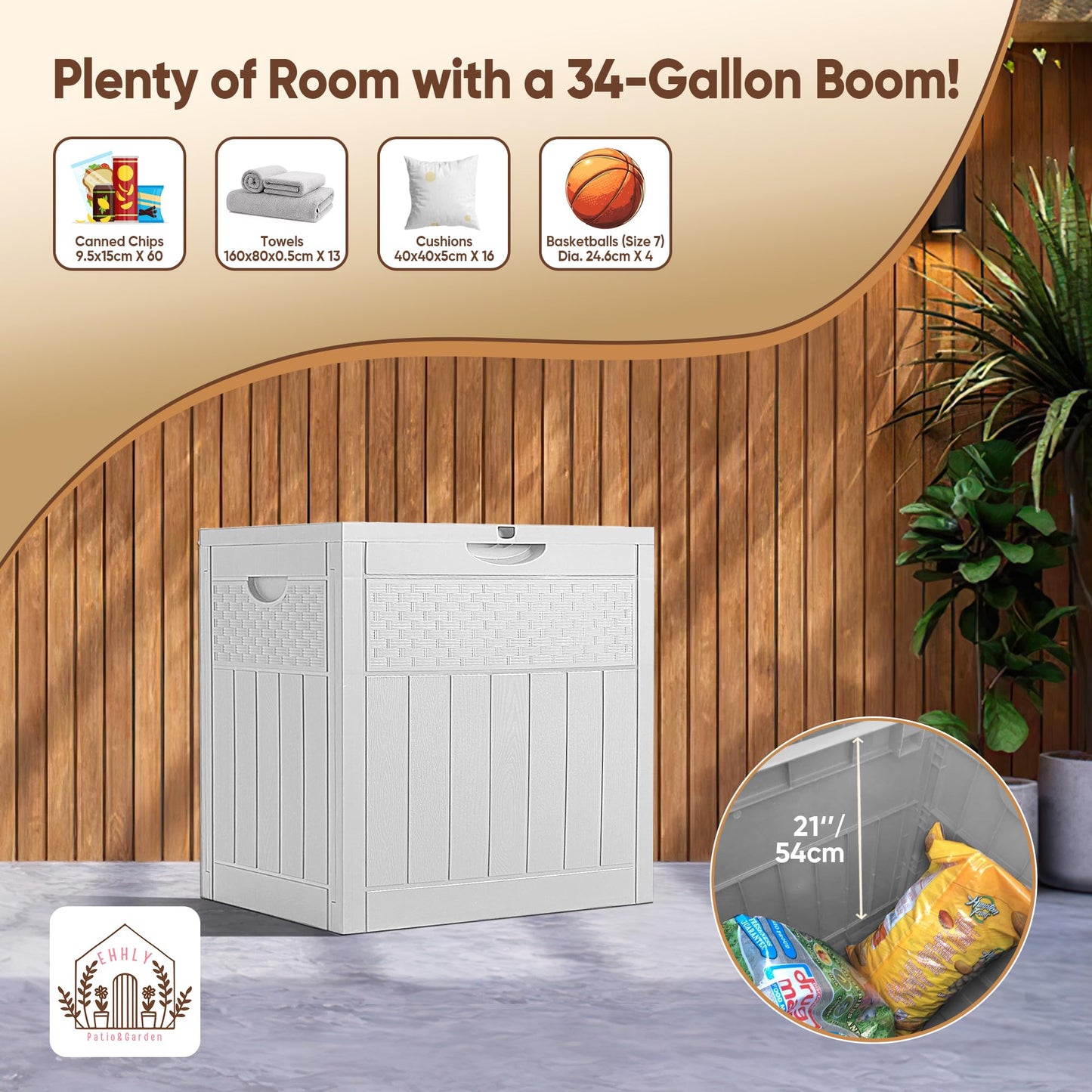 EHHLY 33 Gallon Deck Box, Small Outdoor Storage Box Waterproof, Lockable Secure Package Bin Delivery Box for Outside Front Porch, Patio Cushions Storage Box, Delivery Driver Snack Box for Porch, White
