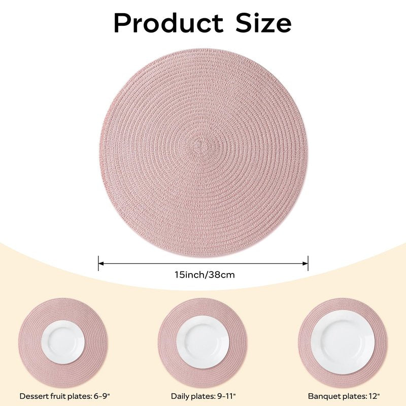 Leetaltree Round Placemats Heat and Slip Resistant Cotton Table Mats, Washable Bohemian Placemats for Dining Tables (Pink, Set of 4)
