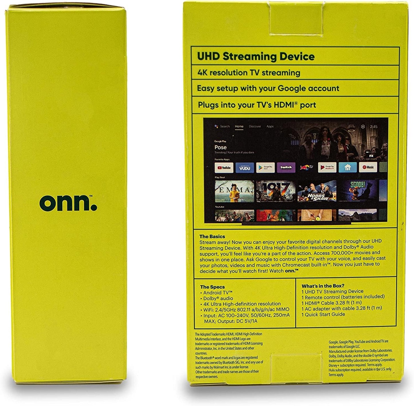 ONN Android TV 4K UHD Streaming Device with Voice Remote Control Google Assistant & High Speed HDMI Cable (100026240) Black