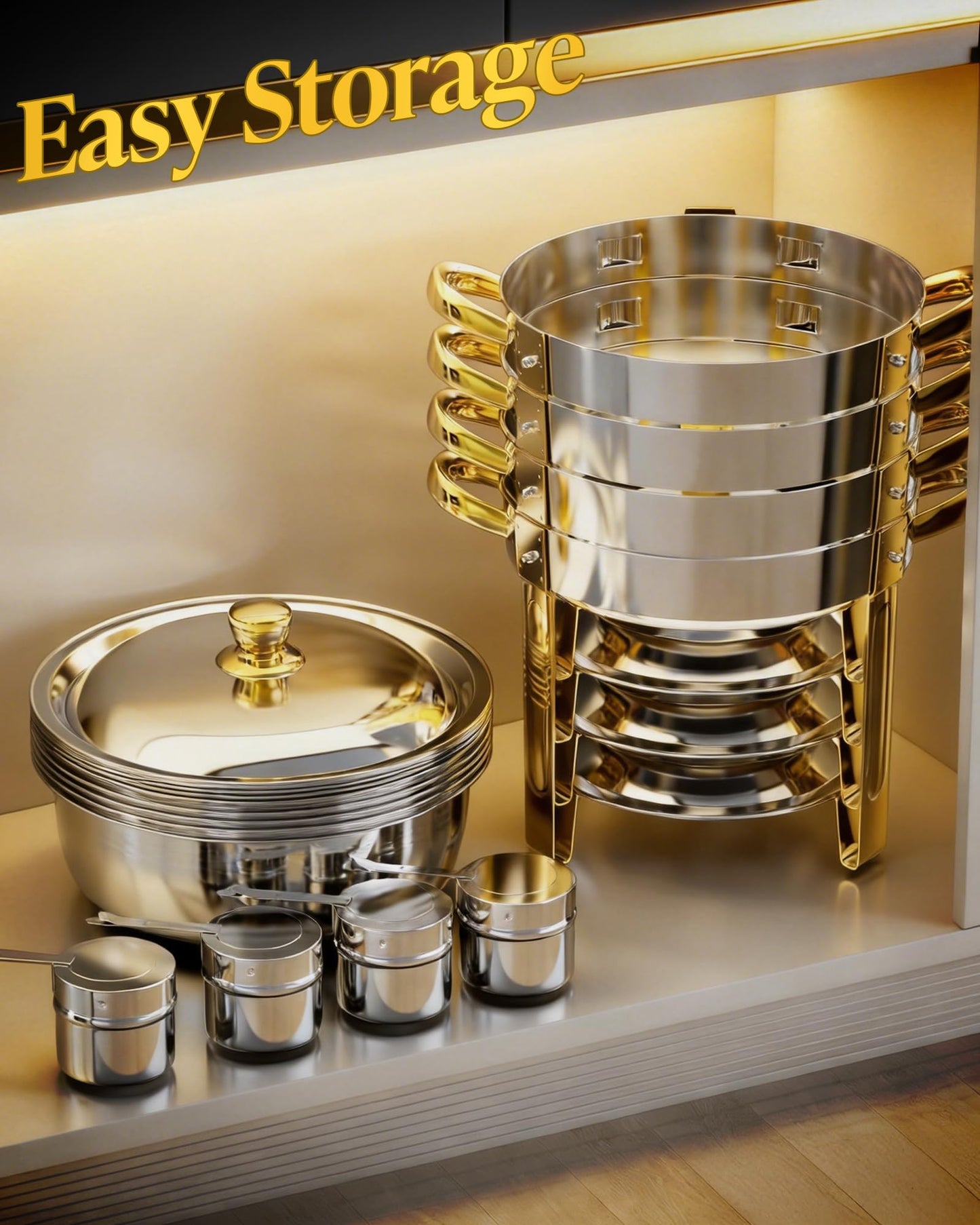 Chafing Dishes for Buffet 4 Pack, 6QT Round Stainless Steel Buffet Food Warmers with Elegant Gold & Silver Accents, Complete Set for Weddings, Parties, Catering Events & Holiday Gatherings