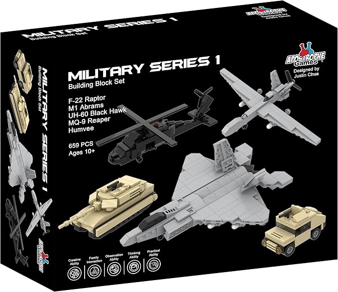 Apostrophe Games 5 Military Building Block Sets (659 Pieces) F-22 Raptor M1 Abrams Tank Black Hawk Helicopter Reaper UAV and Humvee Army Truck Scale Models for Kids and Adults