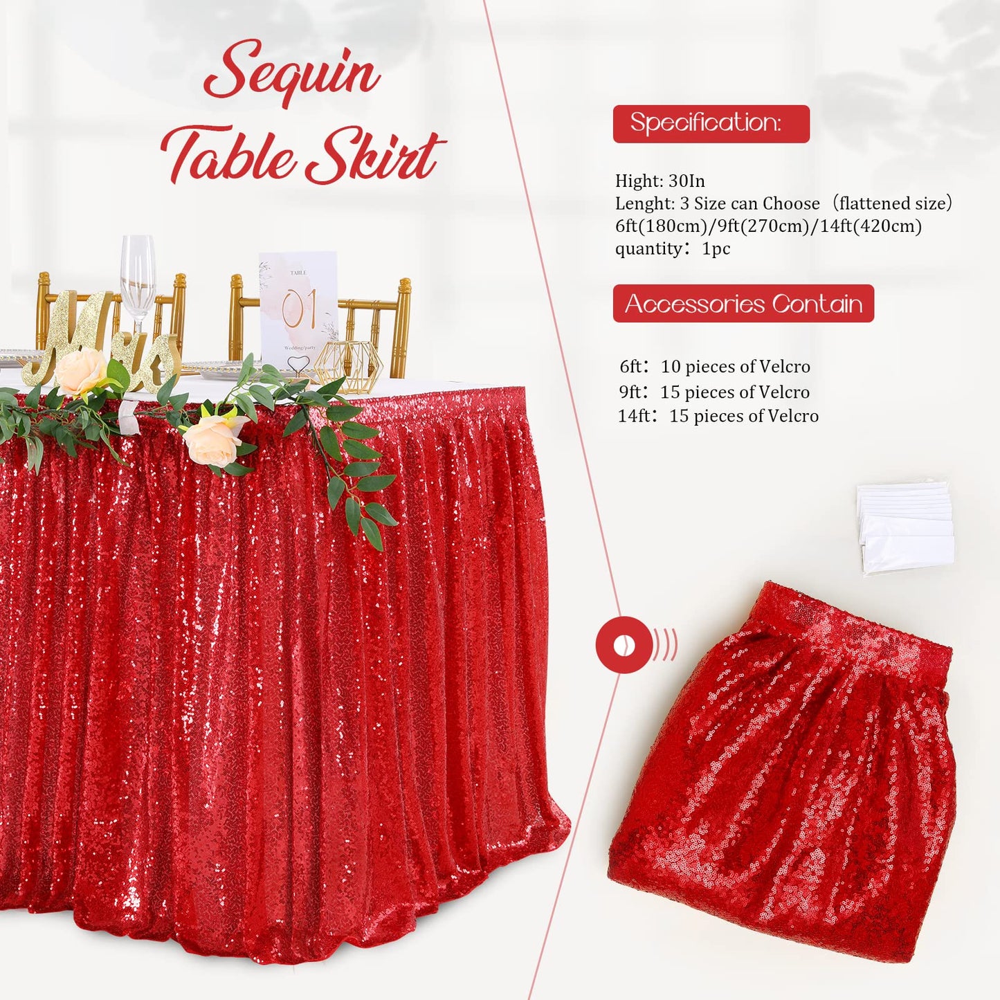 Table Skirt 14ft Red Christmas Table Skirt for Rectangle Square Round Table Sequin Tablecloth for Party Wedding Birthday Decorations