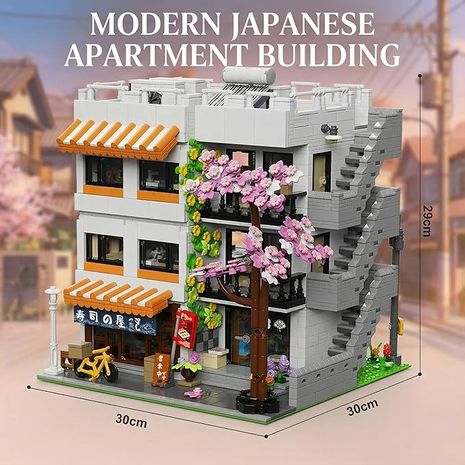 Japanese Apartment Building Street View Building Blocks Set - 3-Story Japan Cherry Blossom Architecture House with 5 Figures & LED Lights Christmas Bithday Gift for Aduls(3910PCS)