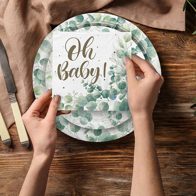 Sage Greenery Baby Shower Party Supplies Disposable Paper Plates Napkins Cups and Tablecloth for Boho Greency Party Decorations Serve 25.