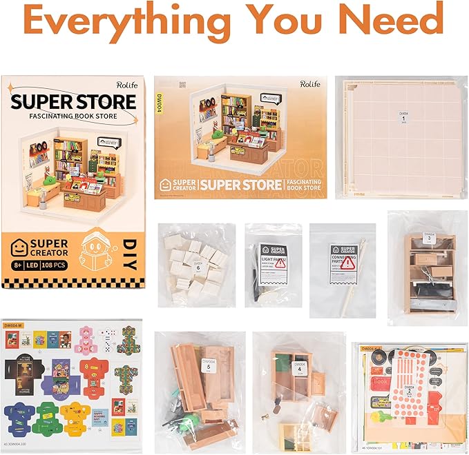 Rolife LED Building Blocks for Adults1:24 Toy Building SetsModel Building Kits for Kids Ages 8-12-15DIY Miniature Dollhouse Kits for AdultsHobbies for Women Men (3.Fascinating Book Store)