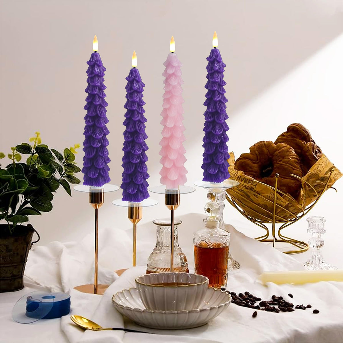 FCMSHAMD Advent Christmas Trees Flickering Flameless Candles with Remote and Timer, Real Wax 3D Flame Wick LED Candles, 9.8 Inch Battery Operated Candles for Christmas Home Decoration,4PCS