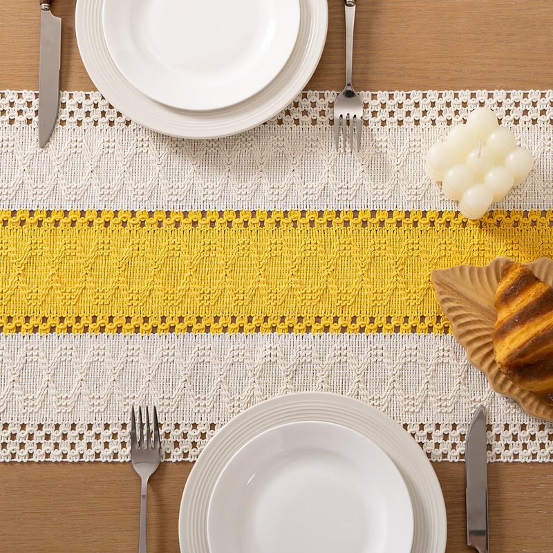 Socomi Boho Table Runner Macrame Summer Farmhouse Woven Cotton Linen Rustic Coffee Table Runner with Tassels for Dresser Scarf Home Decor Dining Room 12x90 inYellow Gold Ivory