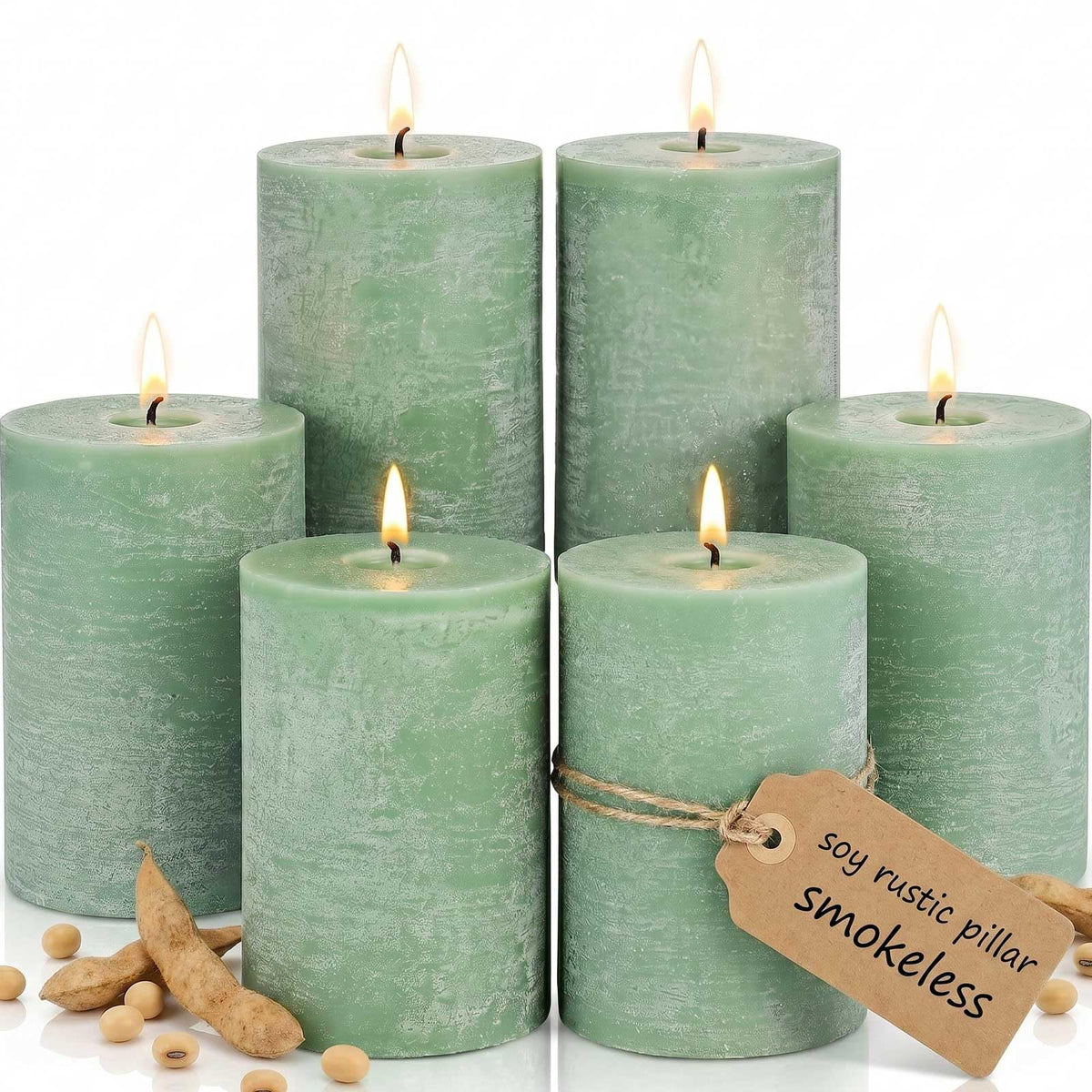 6 Pack Sage Green Soy Pillar Candles - 330H Total Burn Time - 2.8x4” Rustic Textured Natural Wax- Smokeless & Clean Burning Unscented Hand-Poured Candles for Spring Home, Modern Farmhouse Decor