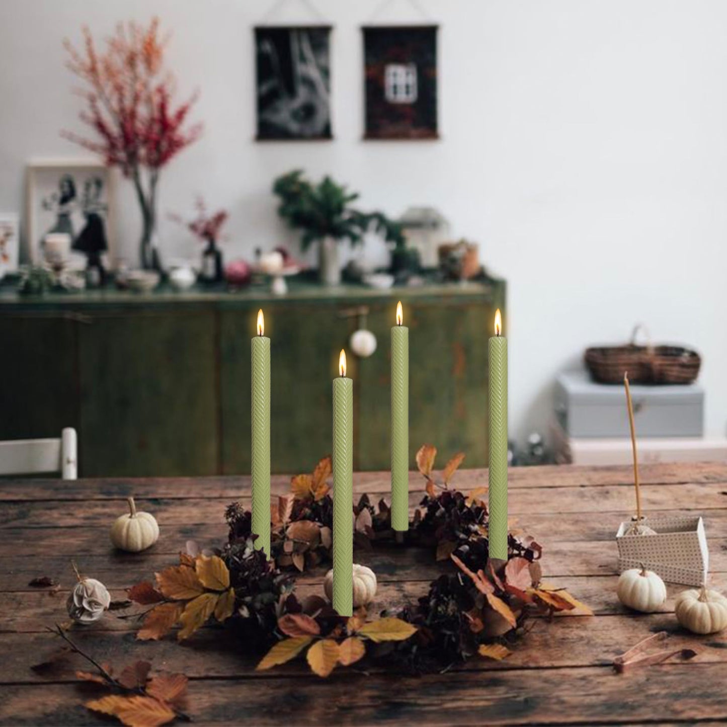 Texture Long Taper Candle Grass Green Unscented Twisted Candlesticks Smokeless Handmade Candle Stick for Wedding Dinner Decor Creative Gifts 2 PCS