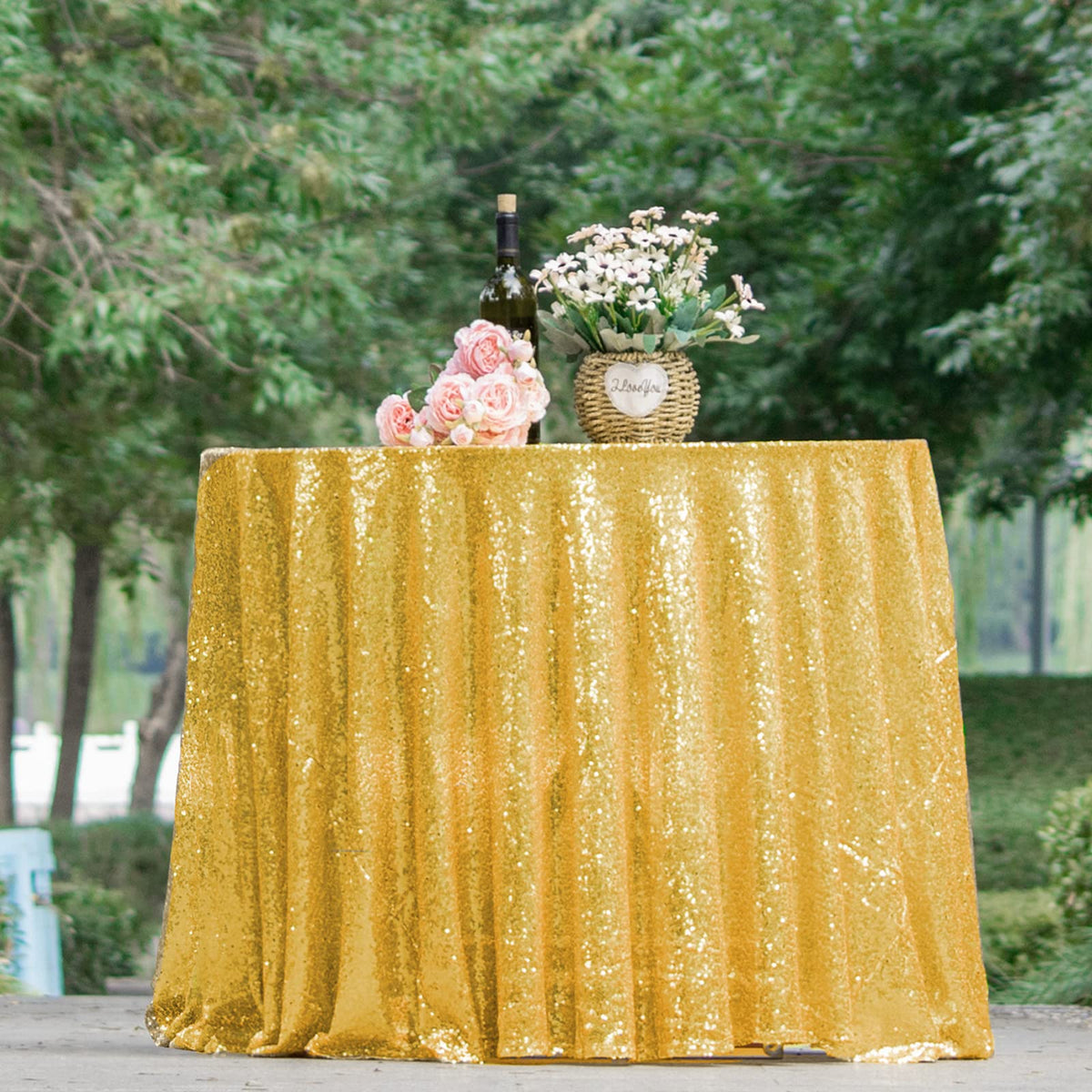 HMQIANG Gold Sequin Tablecloth Round 90" Sparkly Gold Drape Table Cloth Sequin Fabric Table Cover for Wedding Birthday Party Baby Shower