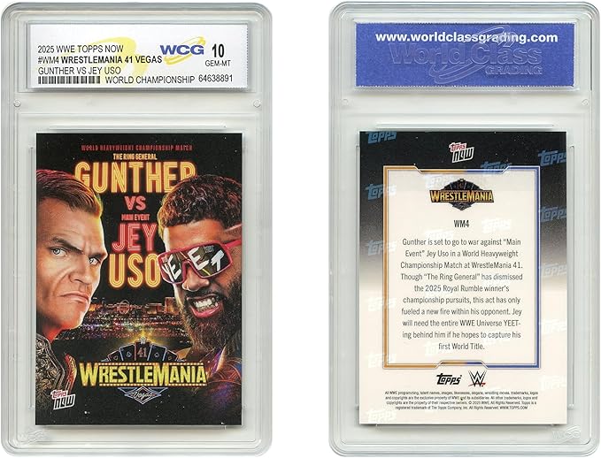 2025 WWE Topps Gunther vs JEY USO Wrestlemania 41 World Heavyweight Championship Card #WM4 - Graded GEM Mint 10