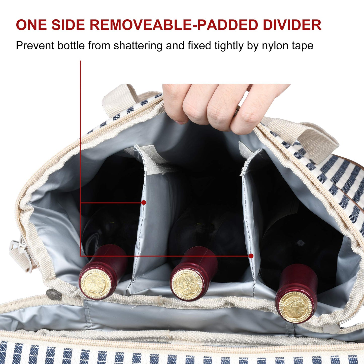 Tirrinia Insulated Wine Gift carrier - 3 Bottle Travel Padded Wine Carry Cooler Tote Bag with Handle and Adjustable Shoulder Strap, Stripe