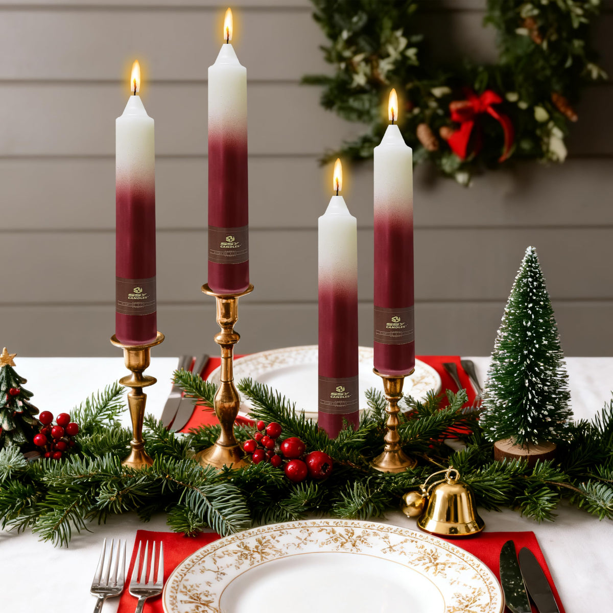 Christmas Metallic Red Candle 9 Inch Tall Smokeless Taper Candles 4 Pack Unscented Dinner Candle for Christmas Dinner