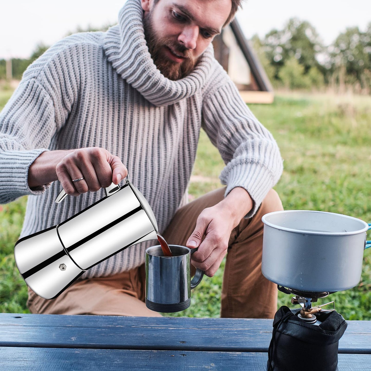 Vaolvpant No Coating 4 Cup Thickened 304 Stainless Steel Moka Pot Stovetop Espresso Maker Italian Coffee Machine 200ml 6.8oz Suitable for Gas Induction Stovetop Greca Coffee Maker Percolator
