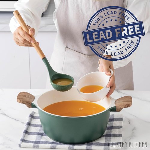 Country Kitchen Nonstick Pots and Pans Set - 14 Pcs Cast Aluminum Cookware with Utensils | Sage Color