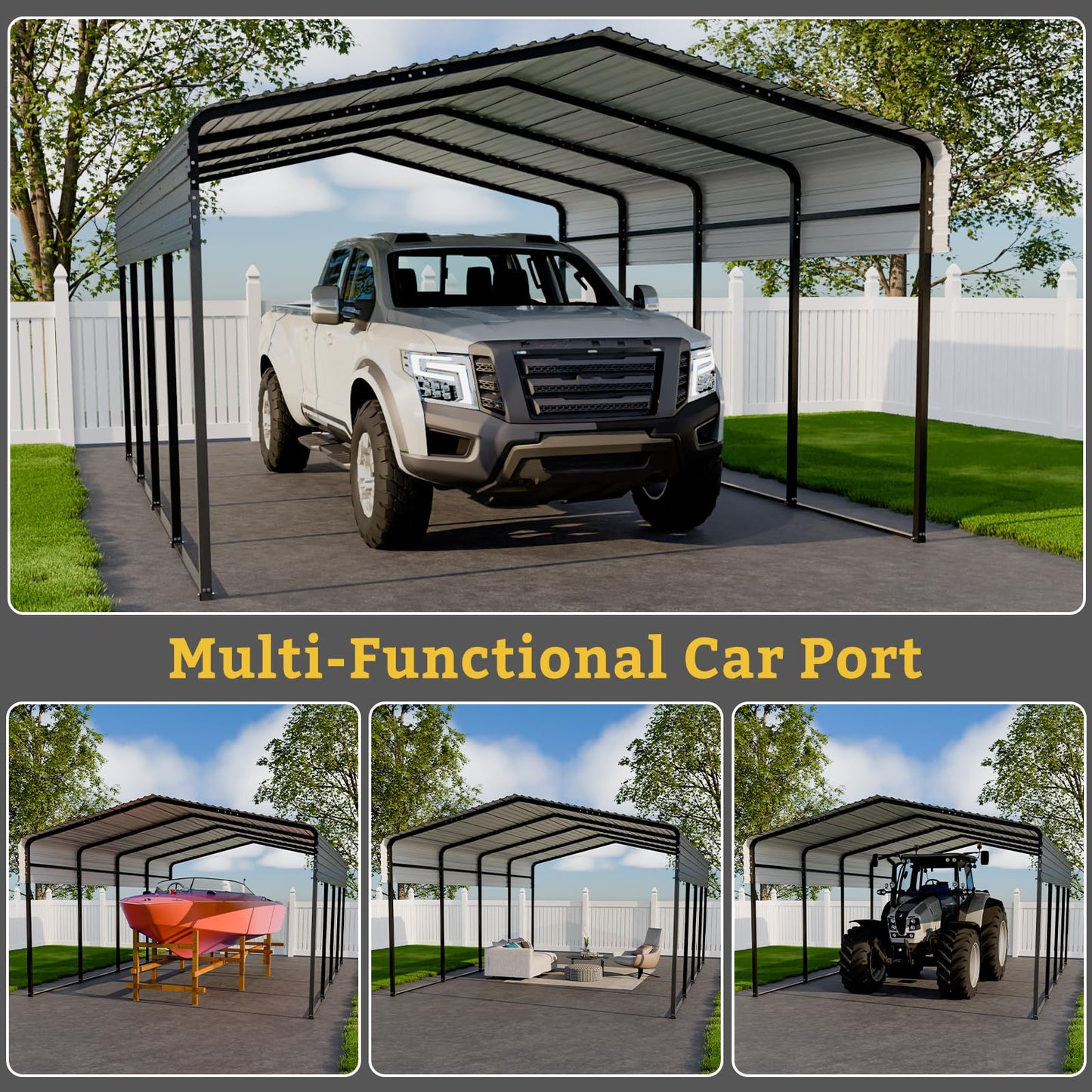 13x20FT Heavy Duty Metal Carport, Galvanized Steel Frame & Roof with Reinforced Base, All-Weather Outdoor Shelter for Vehicles, Boats and Outdoor Storage
