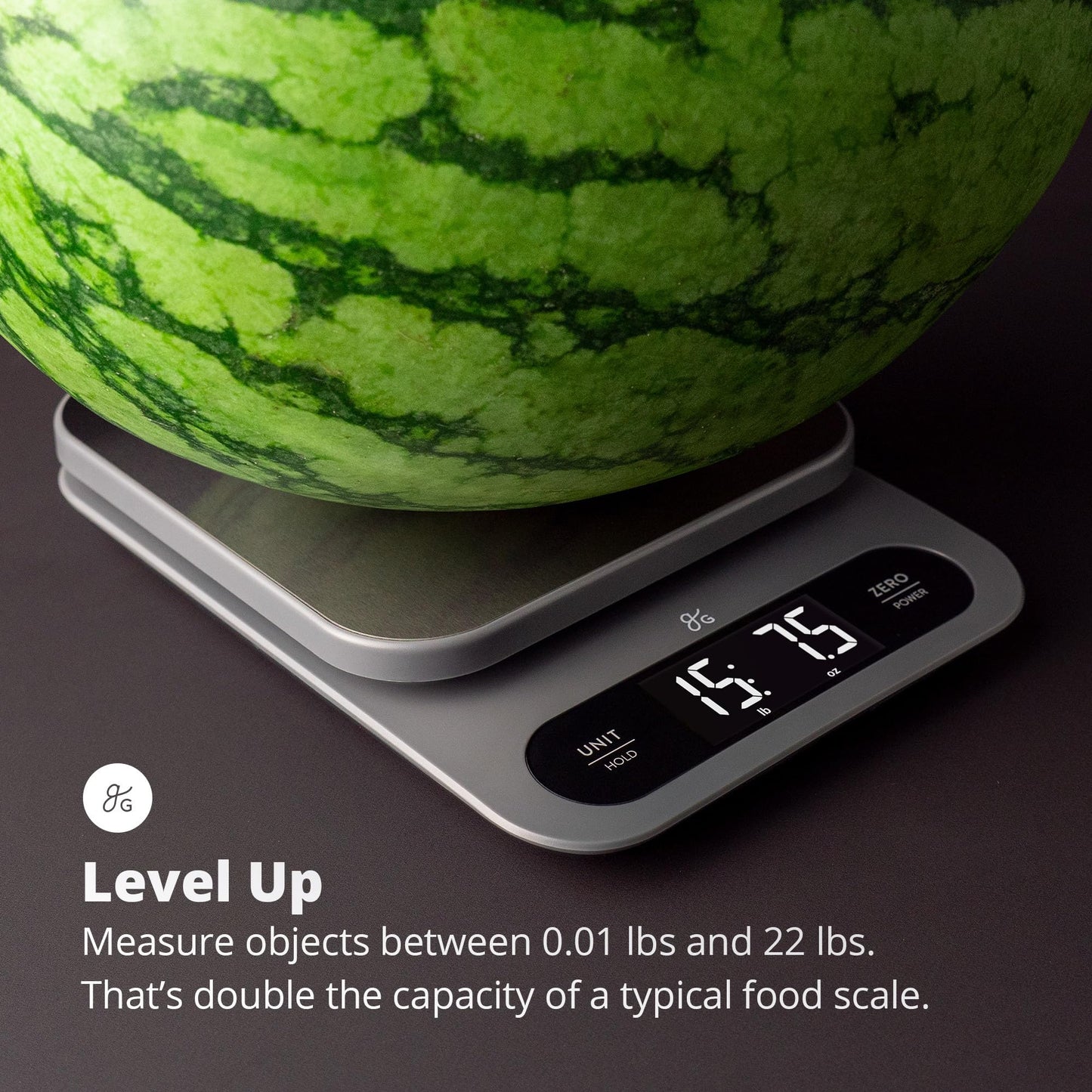 Greater Goods High Capacity Kitchen Scale, 10kg/22lb Capacity Food Scale for Bulk Cooking & Baking, Touch Controls, Hi-Def LCD, Stainless Steel Platform, Precise to 1g