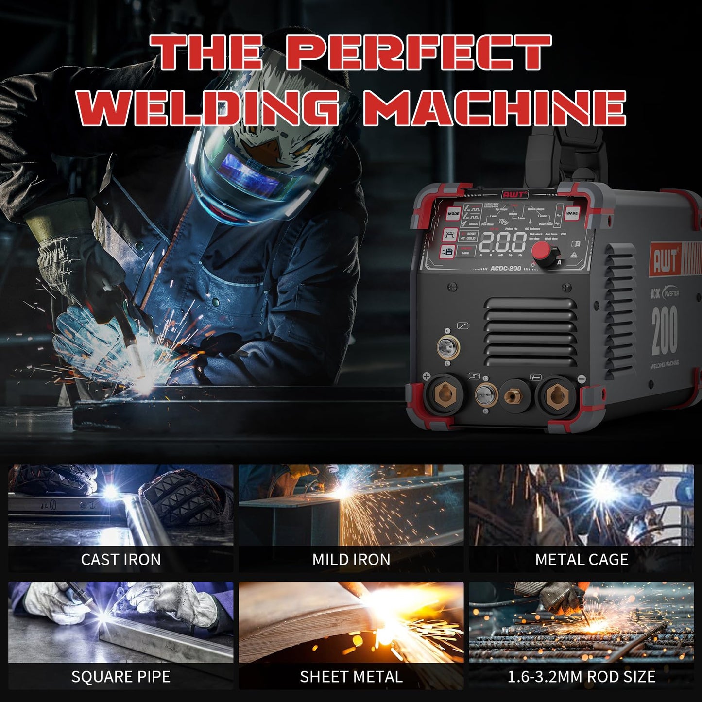 AWT AC/DC 200A TIG Welder Machine With Pulse,10 IN 1 Aluminum TIG Welder 110V/220V With LED Display,AC DC HF TIG/PULSED TIG/COLD TIG/SPOT TIG/STICK Welding Machine with 2T/4T