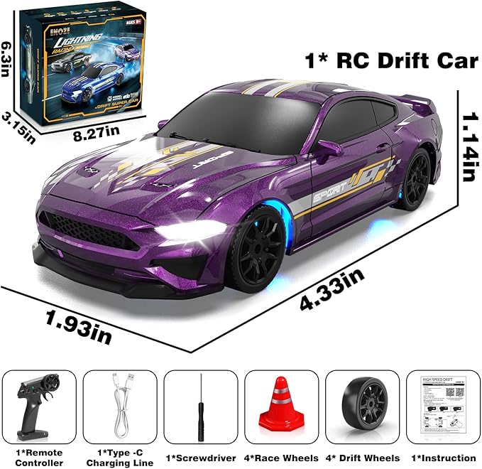 RC Drift Car 1/43 Scale Mini RC Drift Cars with Gyro 4WD Full Proporitonal High Speed Remote Control Car with LED Lights and Drifting Tire Hobby Racing Cars for Kids Boys Girls Purple