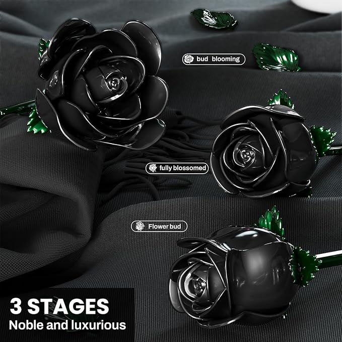 Black Rose Bouquet Building Set for Girls & Boys - 12 Pack Botanical Collection Gift for Easter Basket Artificial Flowers Botanical Collection Centerpiece Retro Decor