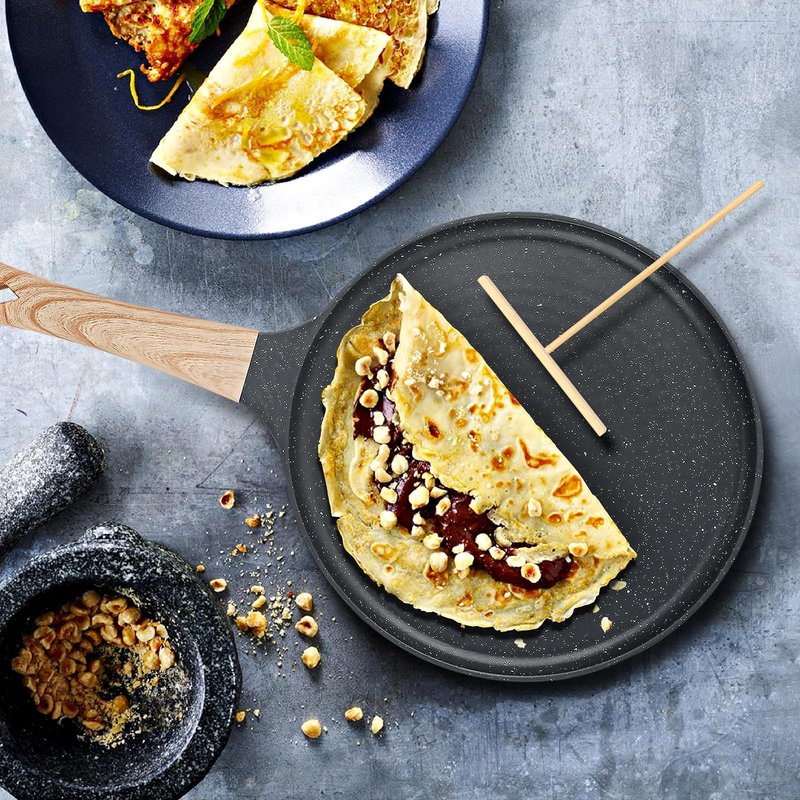 SouxMux Nonstick 11-Inch Crepe Pan with Spreader, Ceramic Coated Dosa Tawa Pan, Induction Compatible Flat Skillet for Pancakes, Omelettes, and More with Cool Handle, PFOA Free