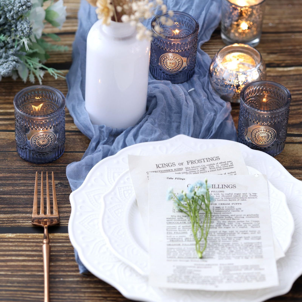 DEVI 24pcs Navy Blue Votive Candle Holders for Table Centerpieces, Blue Tealight Candle Holder for Bridal Shower Decorations, Boho Wedding Decorations for Home Party, Blue Sunflower Decor