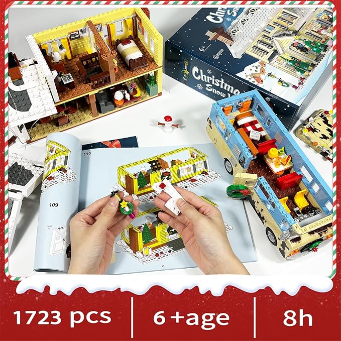 Snow Village& RV Building Set with LED Lights2 in 1 Christmas Vacation Holiday House and Christmas Holiday Snow Village RV Gift(1726PCS)