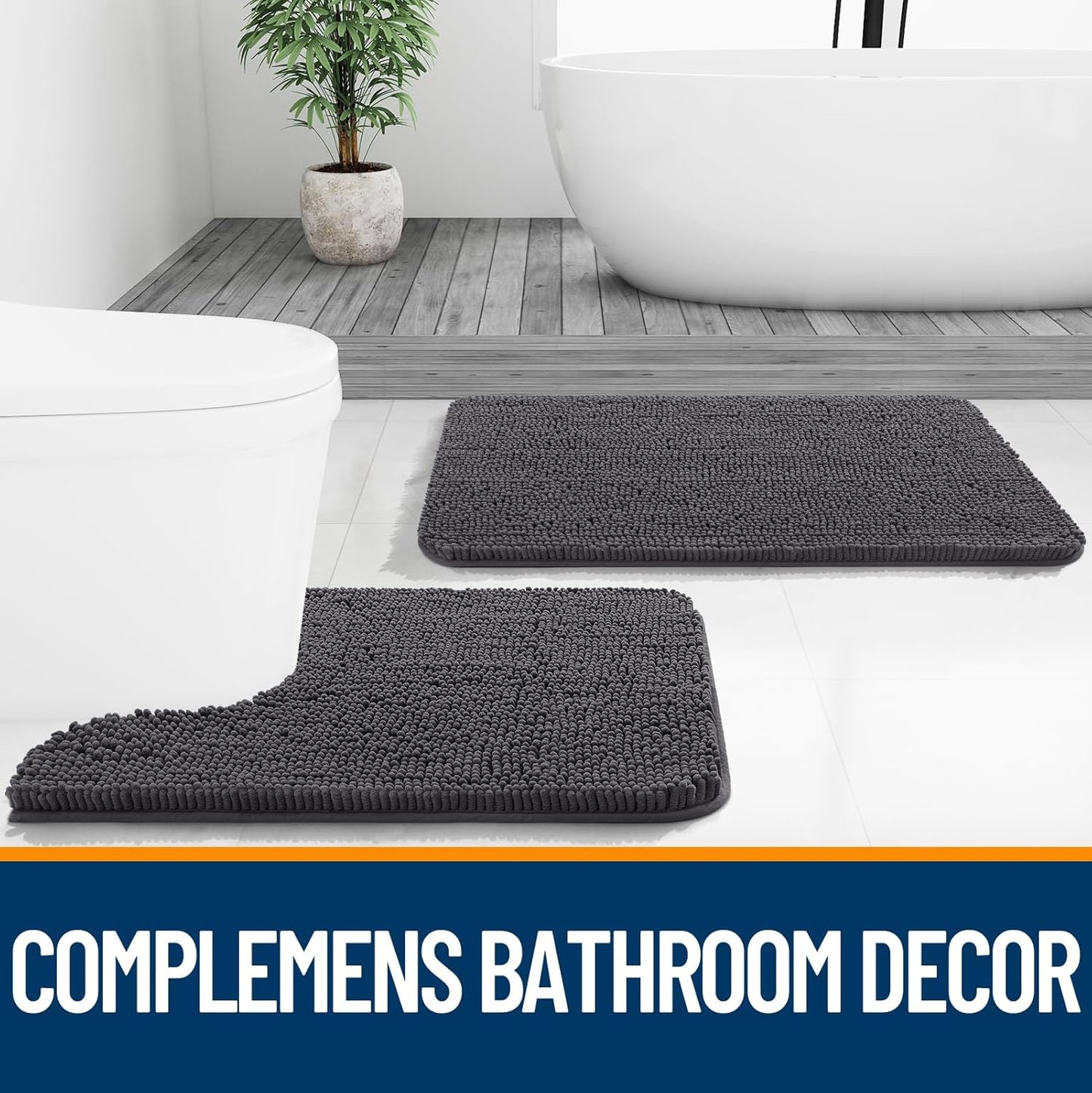OLANLY Bathroom Runner Rugs - Soft Absorbent Chenille with Rubber Backing | 47x17 Inches, Dark Grey