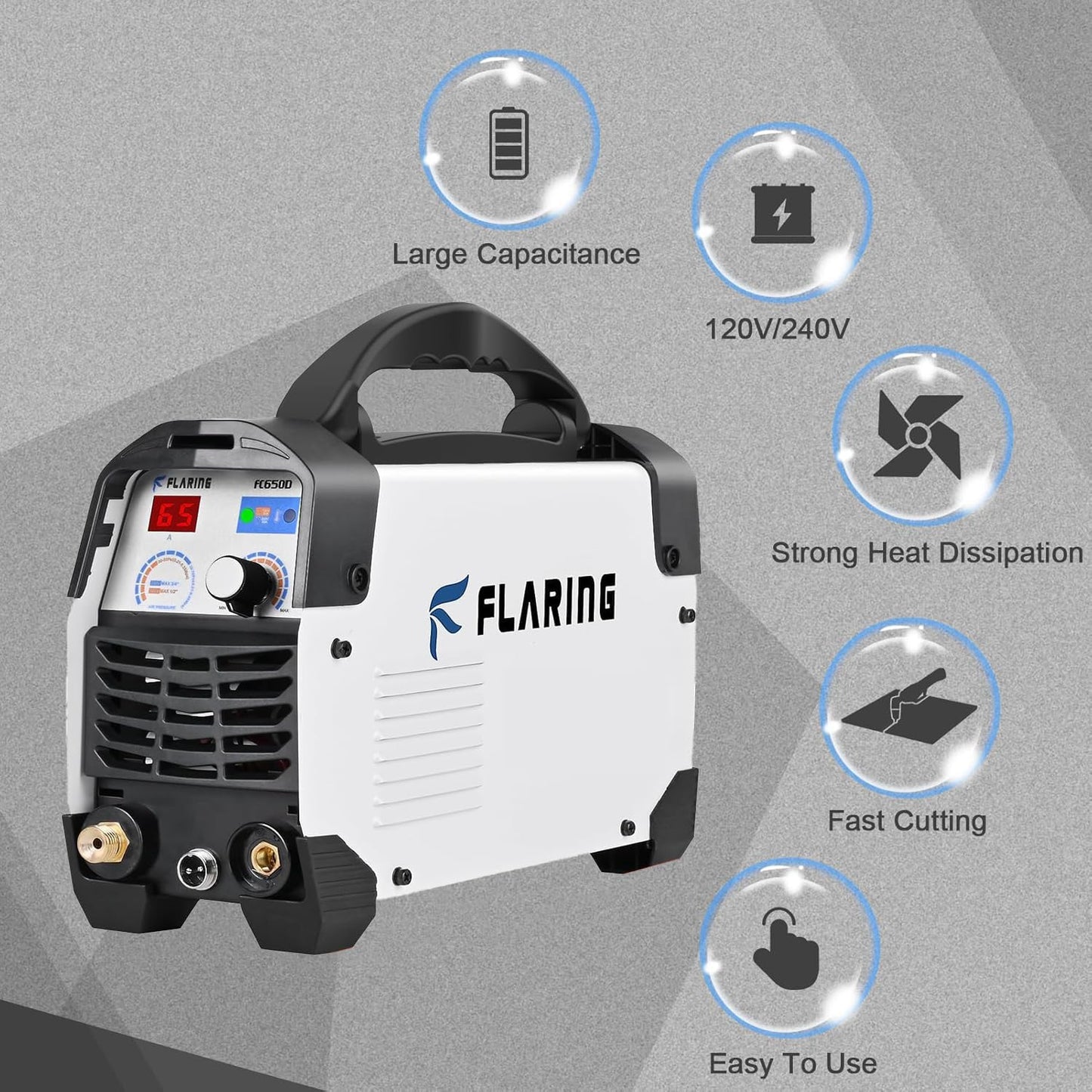 FLARING Plasma Cutter,65 Amp Plasma Cutter Machine 120V 240V 4/5" (20mm) Max Cutting 1/2" (12.7mm) Clean Cut IGBT High Frequency Inverter Touch ARC Plasma Cutter with Consumable Set Update 5th FC650D