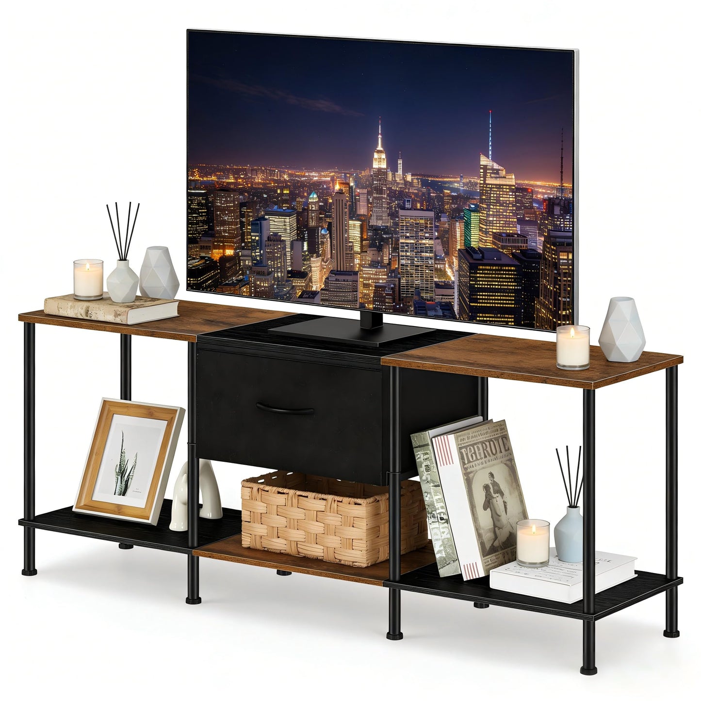 Vrisa TV Stand for 50/55 inch Television Entertainment Center with Storage Fabric Cabinet and Shelves Modern TV Console for Living Room Bedroom, Black+Grey