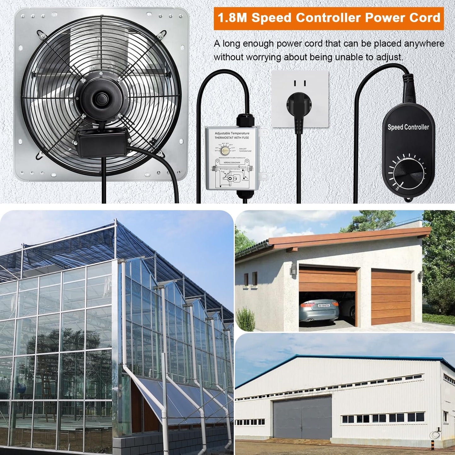 Hiorucet 14'' Shutter Exhaust Fan, High Performance Low Noise Garage Louvered Exhaust Fan Wall Mounted with Thermostat and Speed Controller for Greenhouse, Shop, Attics, Chicken Coop, Shed, Basement.