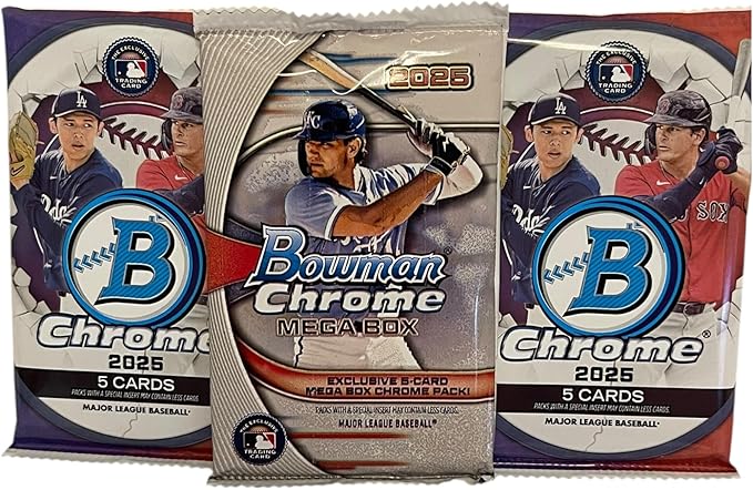 Topps 2025 Bowman Chrome Baseball MLB Trading Cards – 3 Pack Bundle (2 Bowman Chrome Packs + 1 Exclusive Mega Chrome Pack) – 15 Cards Total