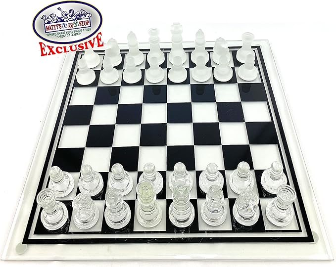 Matty's Toy Stop Deluxe Frosted & Clear Glass Chess Set (14) Large