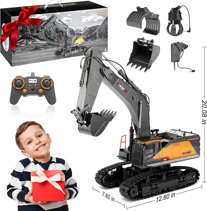 kolegend 1:14 RC Excavator 25 Channel 4 in 1 Construction ToysRemote Control Vehicles Tractor Sandbox Toys Diggerwith Metal BucketDrill BitGripper & Wood Gripper RC Truck