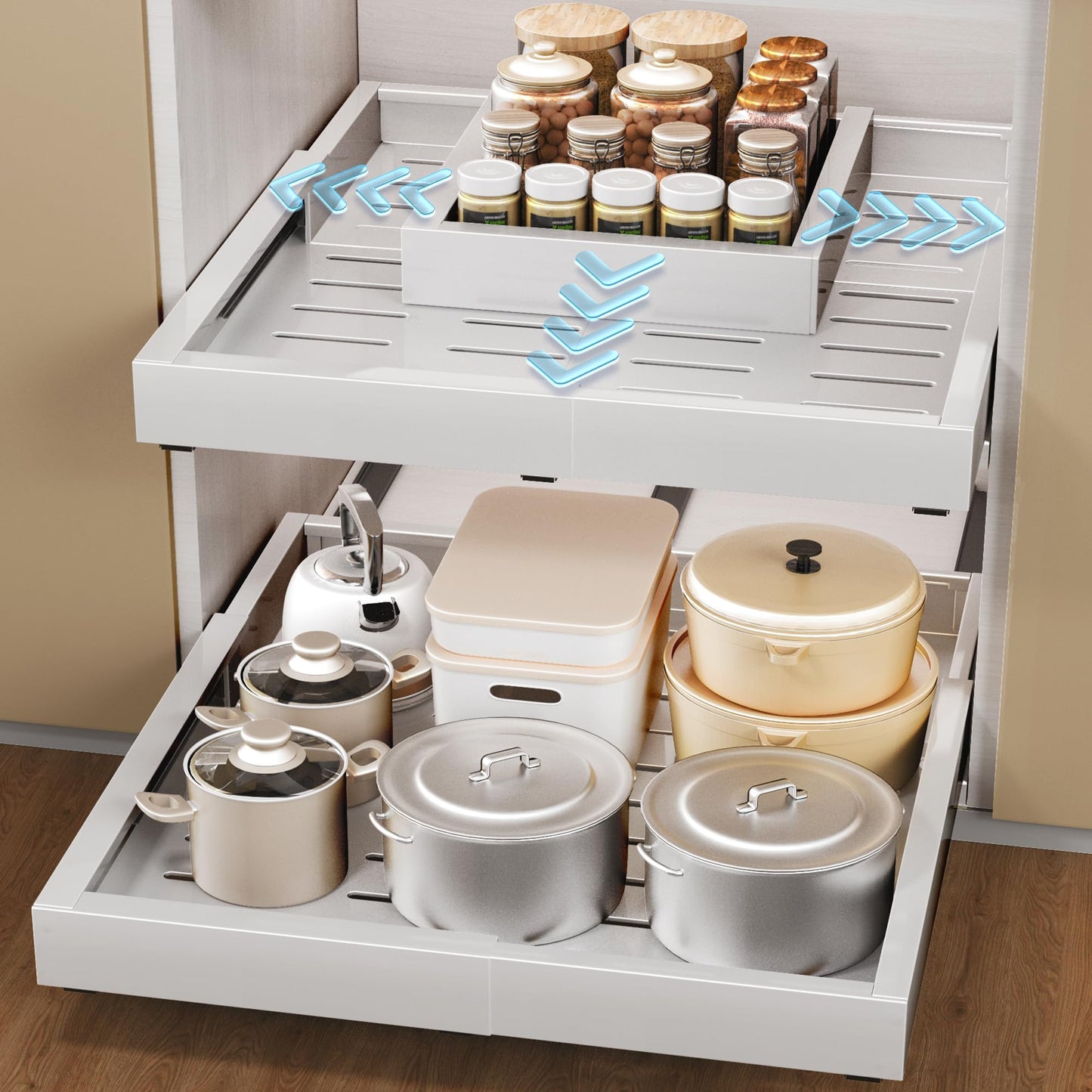 1 Pack Pull Out Cabinet Organizer, Slide Out Drawer Expandable Width (12"-19") and Depth (17"-23") With 3 Slides, Fixed with Adhesive Film and Nail for Cabinets in Kitchen, Pantry or Bathroom