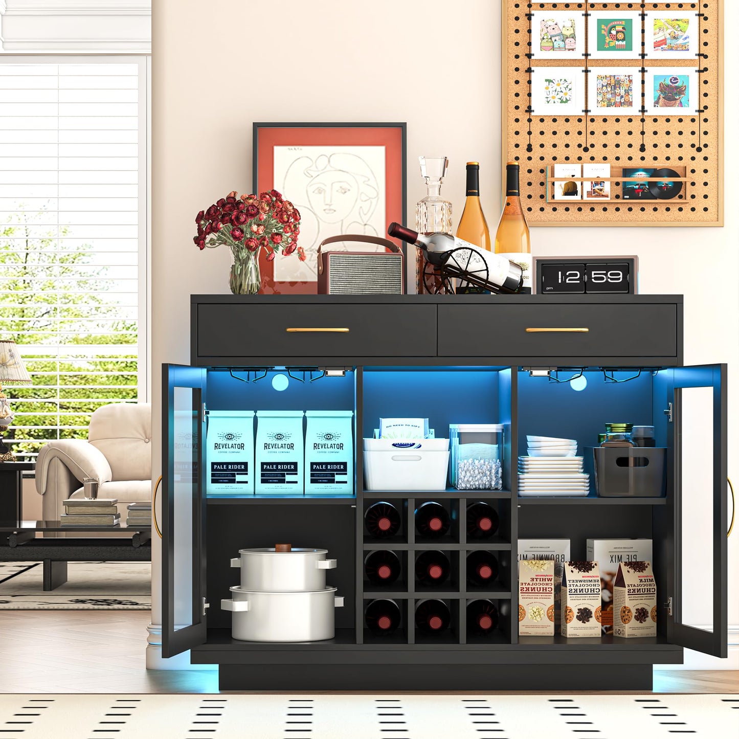 knoworld Wine Bar Cabinet with LED Lights, Coffee Bar Cabinet with Wine and Glass Rack, Black Bar Cabinet Liquor Cabinet, Kitchen Buffet Sideboard with Storage for Living Room, Dining Room