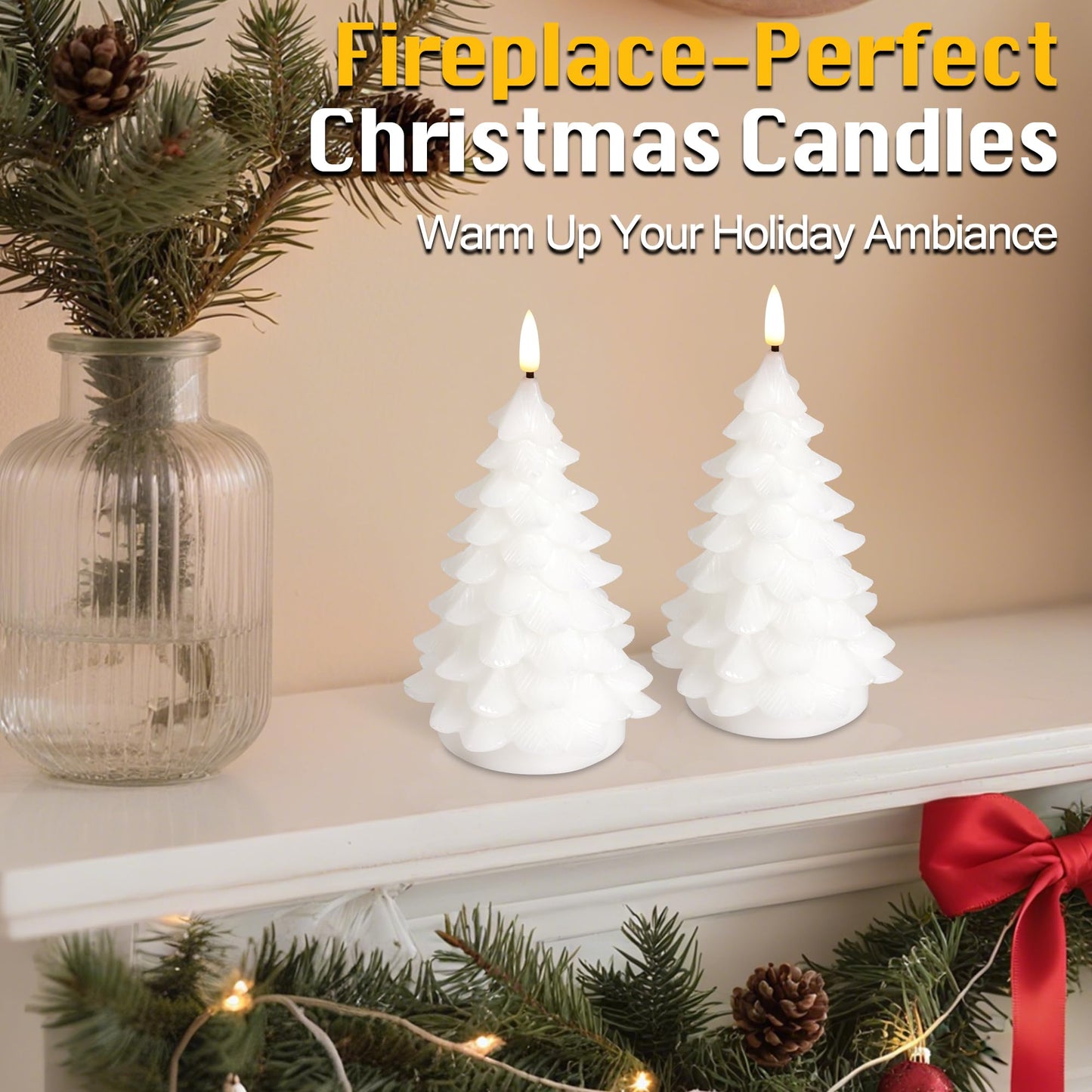 JOIONE Christmas Tree Flameless Candles with Remote Timer,Battery Operated Flickering Candles, LED Real Wax Candles for New Year Celebration, Christmas Decor, Set of 2, White (3.15" X 7.48")