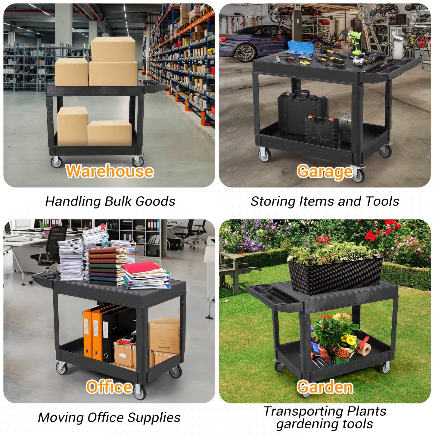 Large Heavy Duty Plastic Utility Service Cart Flat top 45.8 x 25 Inch, Work Cart Flat Shelves Holds up to 550 lbs - 2 Tier Service Cart with 360°Swivel Wheels (2 with Brakes) Black
