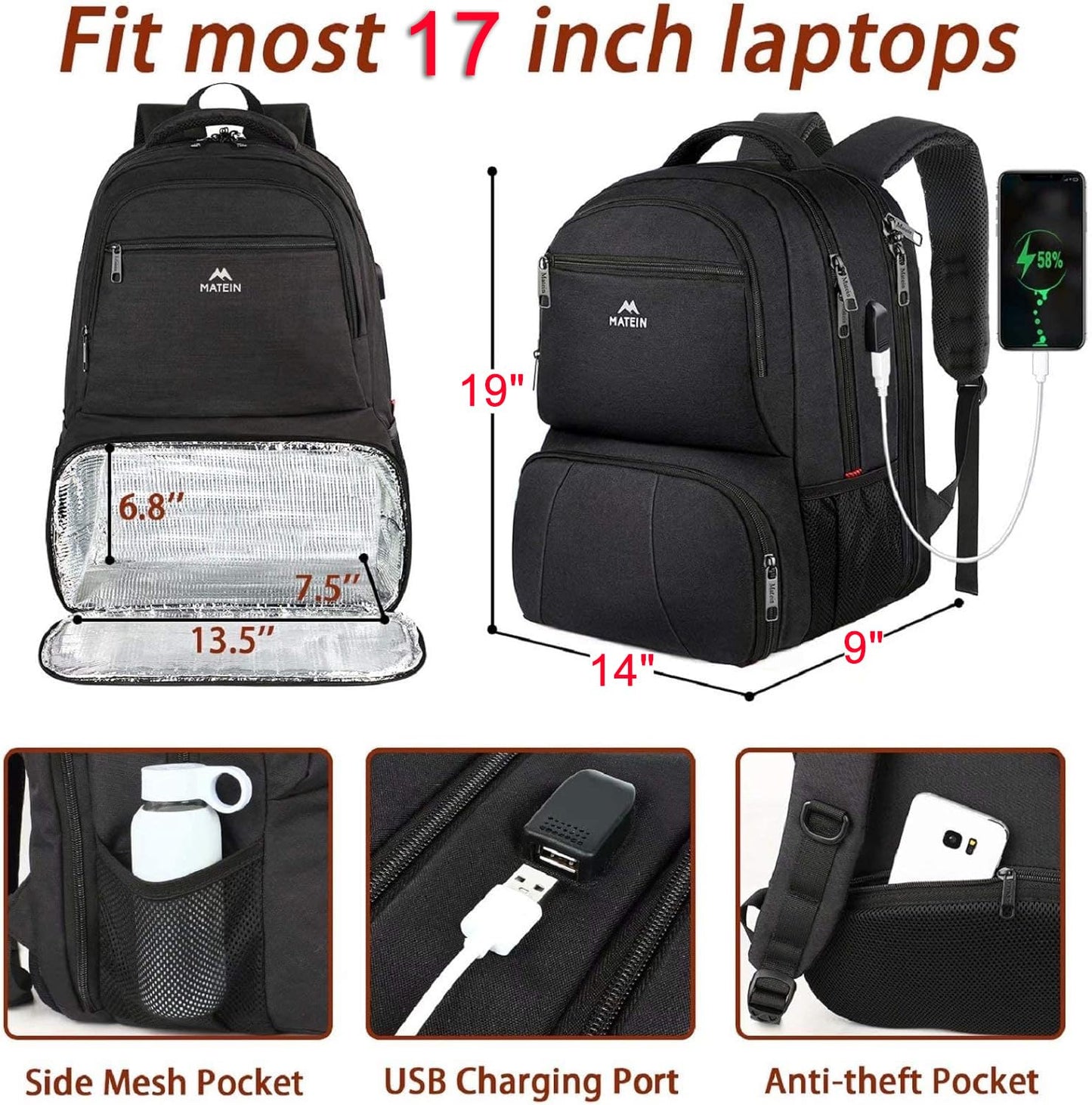 MATEIN Lunch Backpack for Men Work, 17 Inch Insulated Cooler Backpack Lunch Box with USB Charging Port, Water Resistant Laptop Back Pack Computer Meal Prep Backpacks for Picnic College Travel, Black