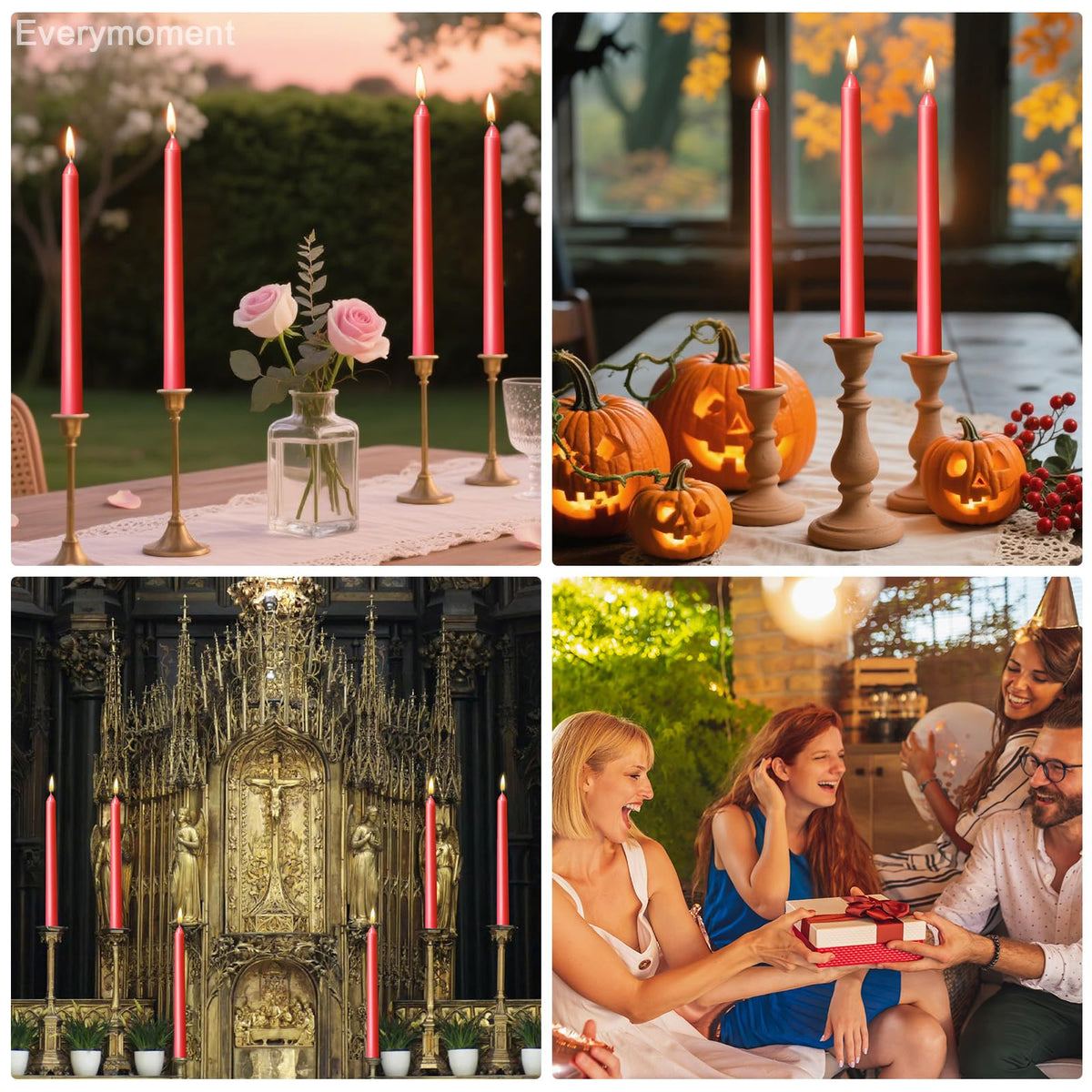 Everymoment Red Taper Candles - 12 Pack 10 Inch Candlesticks - Dripless & Smokeless for 8 Hours - Unscented Paraffin Wax - Ideal for Valentine’s Day Christmas Wedding Halloween Holiday & Home Decor