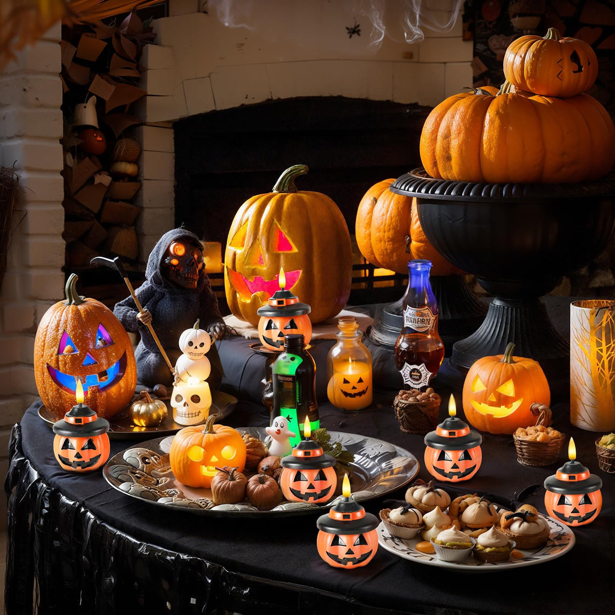 Homemory Real Wax Pumpkin Candles, 2 Pcs Flickering Flameless Candles with 6hrs Timer, LED Halloween Pumpkin Lamp, Battery Operated Lights for Home Halloween Decor, Theme Party, Orange
