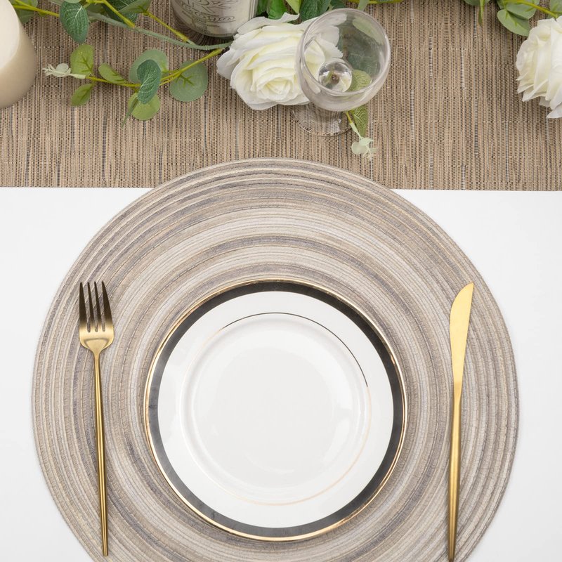 SHACOS Round Braided Placemats 15 inch Set of 4 Variegated Washable Kitchen Table Placemats for Home Wedding Party (Rainbow Gray, 4)